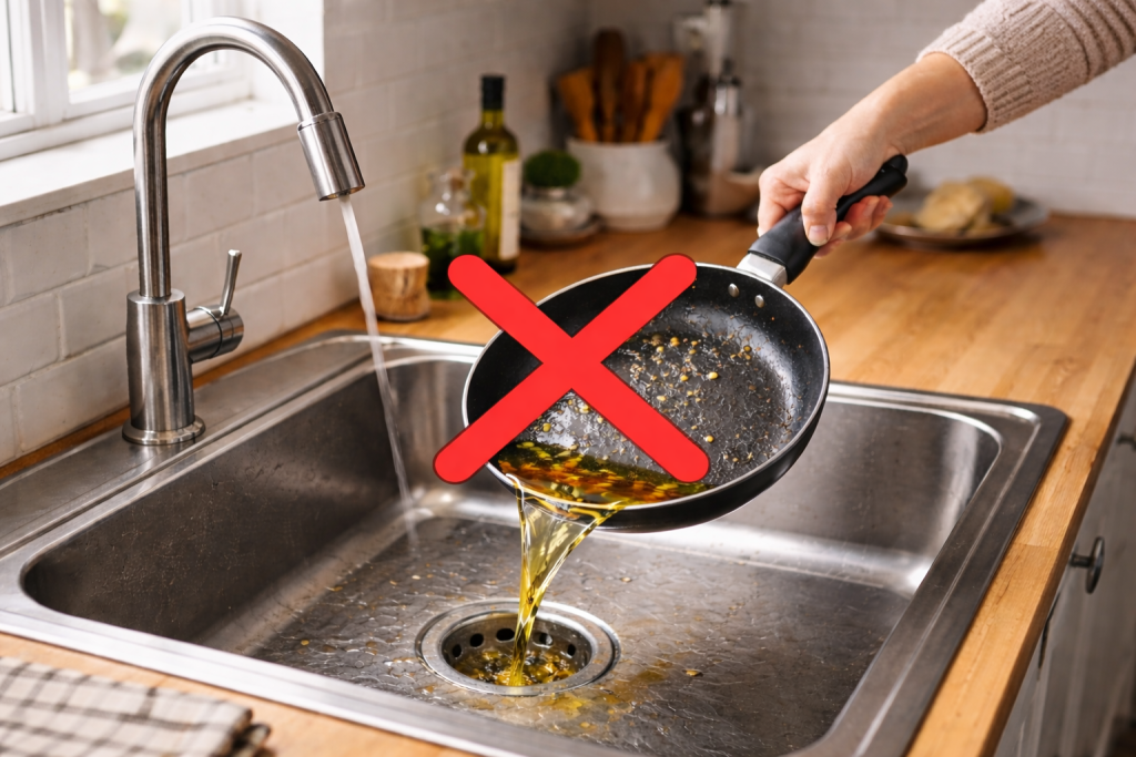Cooking oil poured into a kitchen sink drain causing blocked drains