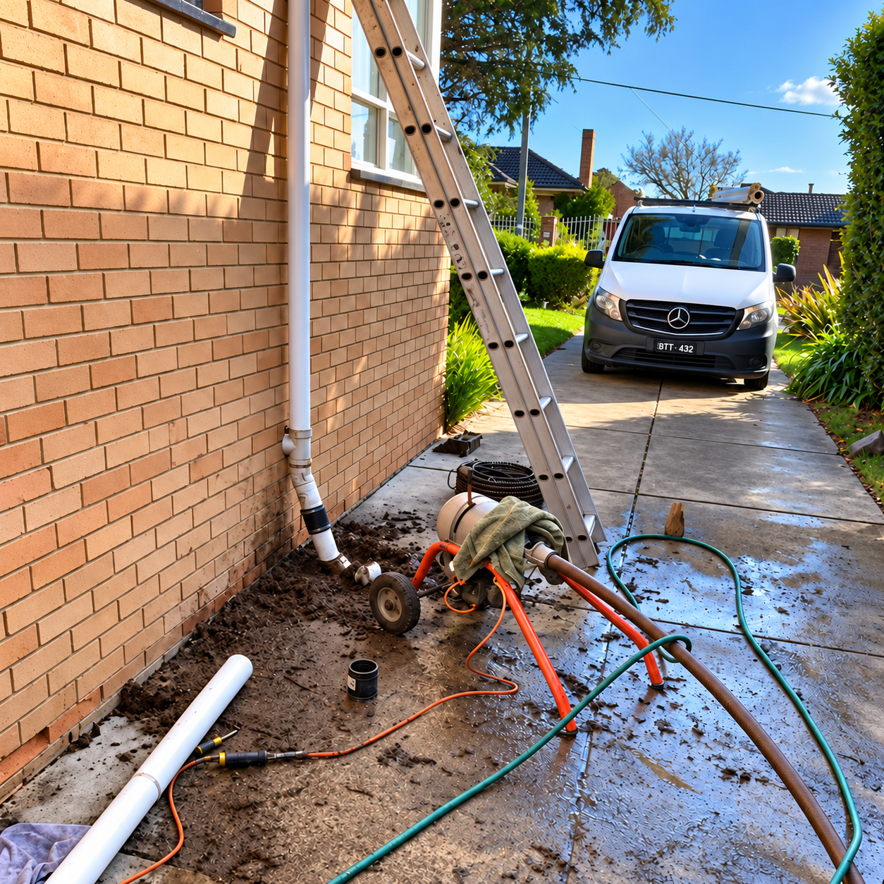Drain machine clearing a blocked stormwater drain at a Burwood home.